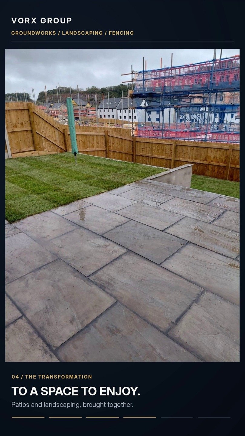 Frame from the VORX video showing the real stone patio and garden